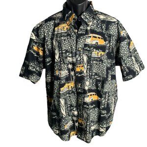 Vintage 90s Natural Issue Button Up Hawaiian Shirt L Black Classic Car Pocket